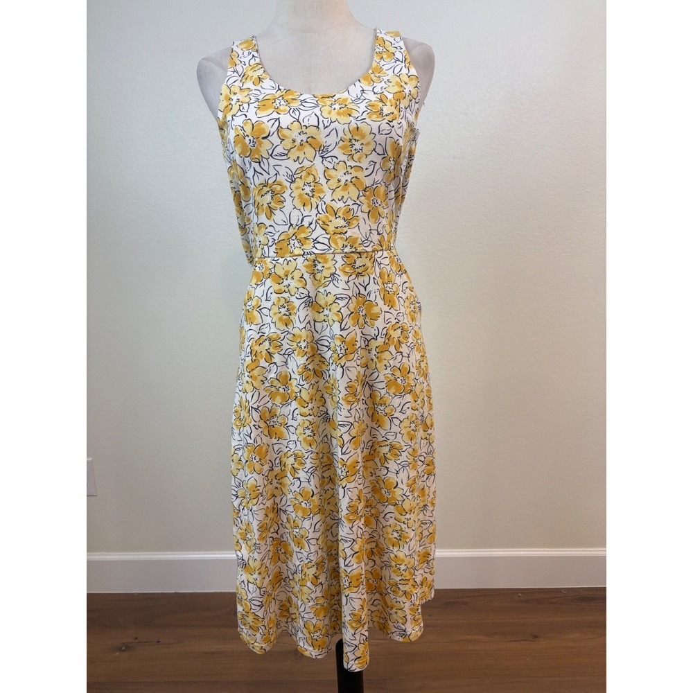 Pact Midi Dress S Yellow Floral Tie Back Pockets Organic Cotton Beach Vacation